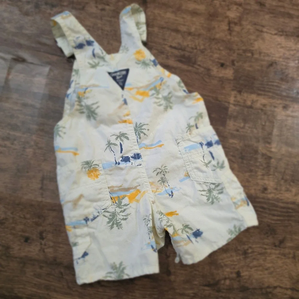 OSHKOSH Shortall Overalls Kids 24M Cream Tropical Pineapple Palm Tree Print